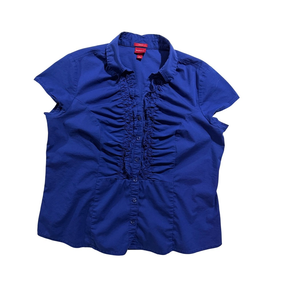 Merona Stretch Blouse XL Blue Ruffle Front Short Sleeve Button Up Shirt